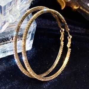 18k Yellow Gold CZ Pave Stone Large Hoops Hoop Earrings